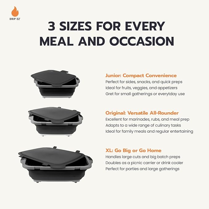 Drip EZ Collapsible BBQ Prep Tubs 3-Piece Set- For Meal Prep Marinating Food Storage - Includes Cutting Board & Lid - (1) JR - Black + (1) OG - Orange + (1) XL - Black