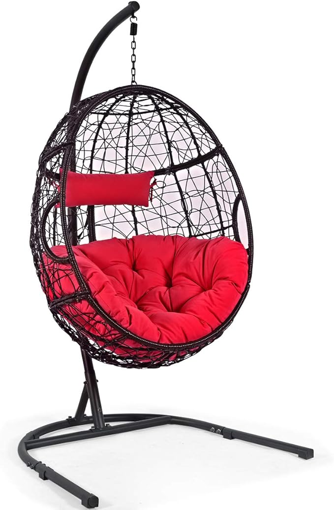 Giantex Hanging Egg Chair, Swing Chair with C-Hammock Stand Set, Hammock Chair with Soft Seat Cushion & Pillow, Multifunctional Hanging Chairs for Outdoor Indoor Bedroom (Red)