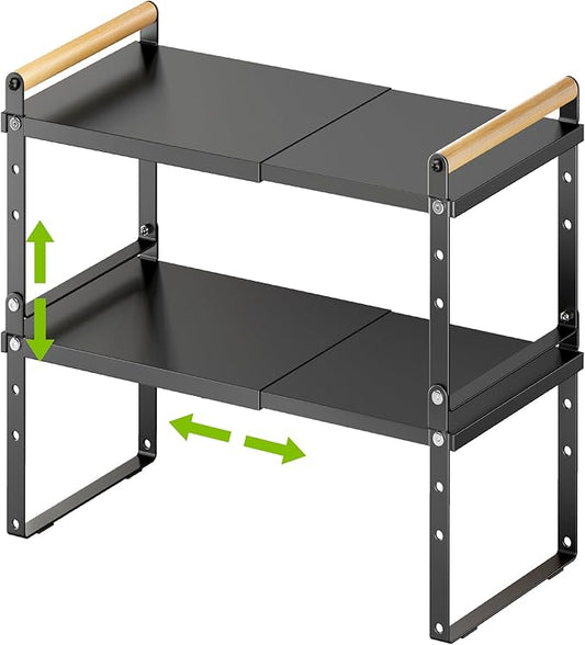 DOLALIKE Expandable kitchen Countertop Organizer, Stackable Cabinet Shelf Organizers, Space Saving Spice Rack Pantry Storage for Bathroom Office Organization (6.9'D*13-19.7''W*15.7''H, Black)