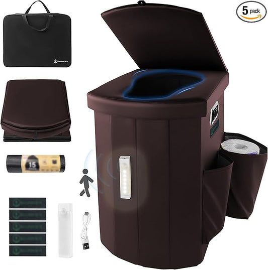 Upgrade XXL Portable Toilet Camping for Adults,17.5" Foldable Camping Toilet Portable, Portative Travel Toilet with Night Sensor Light,Aroma Patch,Handbag for Hiking, Car, Boat, Tent (Brown)