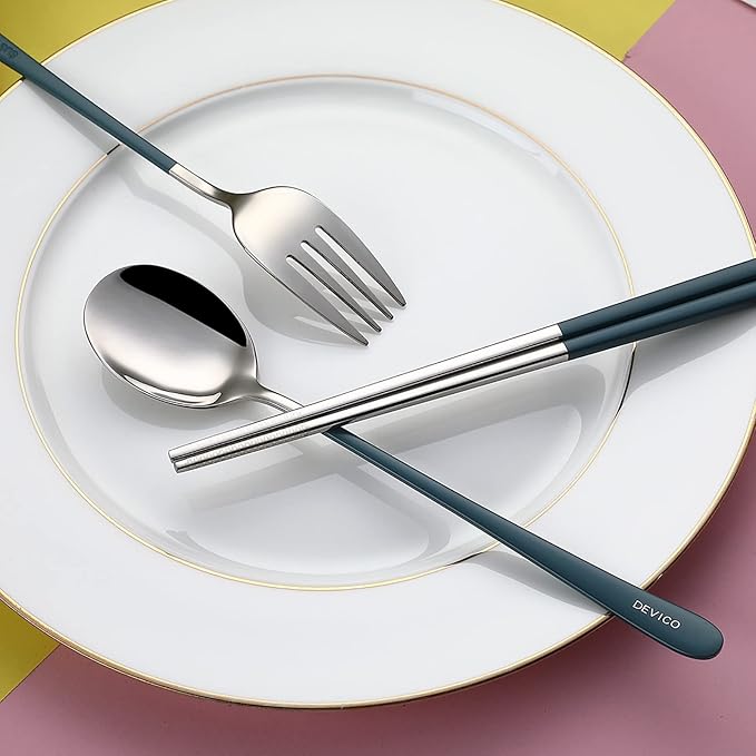 DEVICO Portable Utensils, Travel Reusable Silverware Flatware Set for Lunch, 18/8 Stainless Steel 4-Piece Camping Cutlery Include Fork Spoon Chopsticks with Case (Blue)