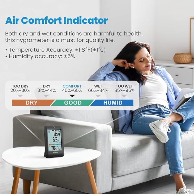 Newentor Indoor Outdoor Thermometer Wireless, Remote Temperature Monitor Hygrometer, Outside Inside Thermometers with Comfort Indicator, 4 Inch Screen, 328ft Range for Home Patio, Black with 2 Sensors