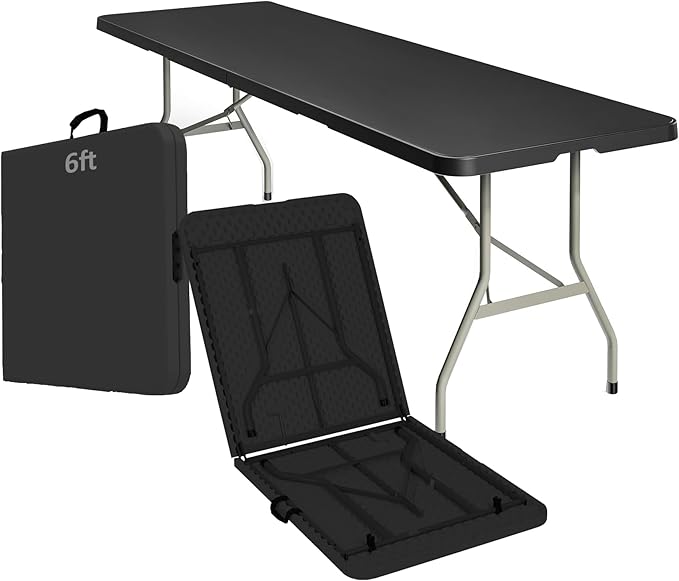 6ft Heavy Duty Portable Folding Table - Plastic Dining Table Indoor/Outdoor Black Plastic Table for Parties, BBQs, and Camping