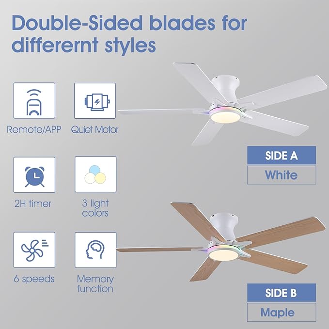 Low Profile RGB Ceiling Fans with Lights and Remote,52" White Flush Mount Ceiling Fans with Quiet Reversible DC Motor, Dimmable LED Ceiling Fan Light with 3 Colors 6 Speeds