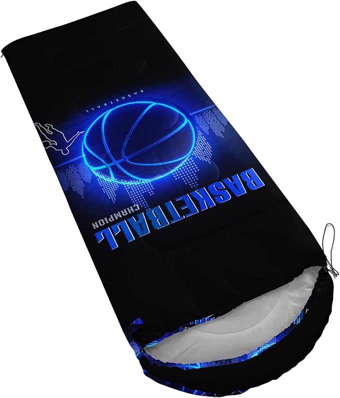 AILONEN Blue Glowing Basketball Sleeping Bag for Kids Boys,Warm and Cool Weather,Lightweight,Waterproof Backpacking,City Theme Ball Sports Sleeping Bag for Camping