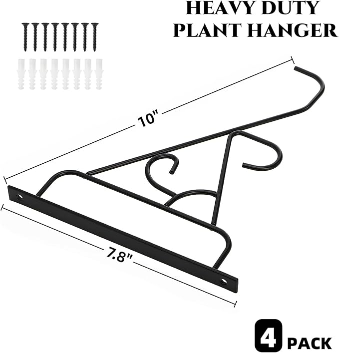 4 Pack 10 Inch Plant Hanger, Hand-Forged Outdoor Wall Plant Hooks, Indoor Hanging Plant Bracket for Flower Basket, Lantern, Bird Feeder, Wind Chime, Doorplate, Fence