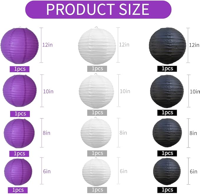 BEISHIDA 12Pcs Purple Black White Paper Lanterns Decorative Chinese/Japanese Hanging Round Paper Lanterns Lamp for Halloween，Birthday, Wedding, Christmas, Bridal,Home Decor, Party Decoration