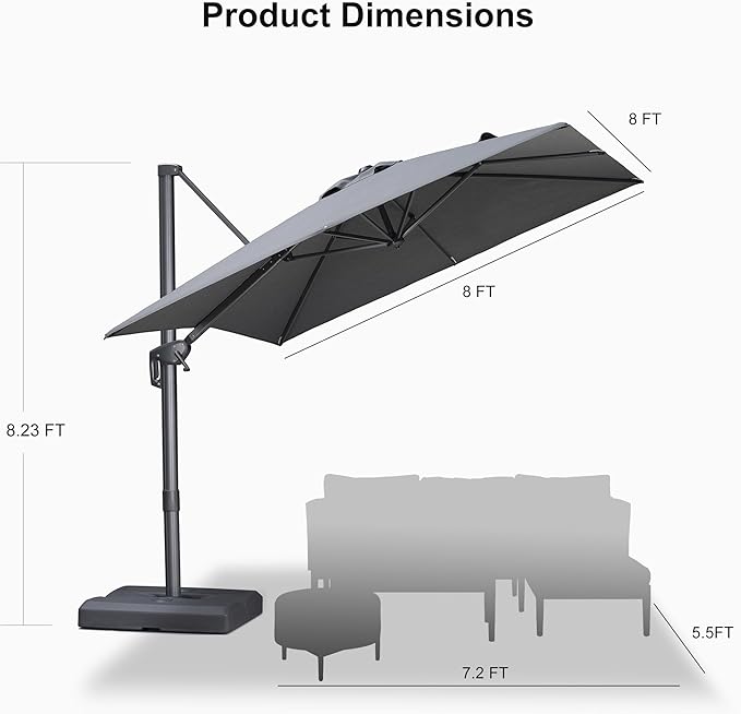 PURPLE LEAF 8 FT Cantilever Patio Umbrella Outdoor Aluminum Offset Square Umbrella with 3 Years Fade Resistance Recycled Fabric and 360-degree Rotation for Deck Pool Garden, Mist Grey