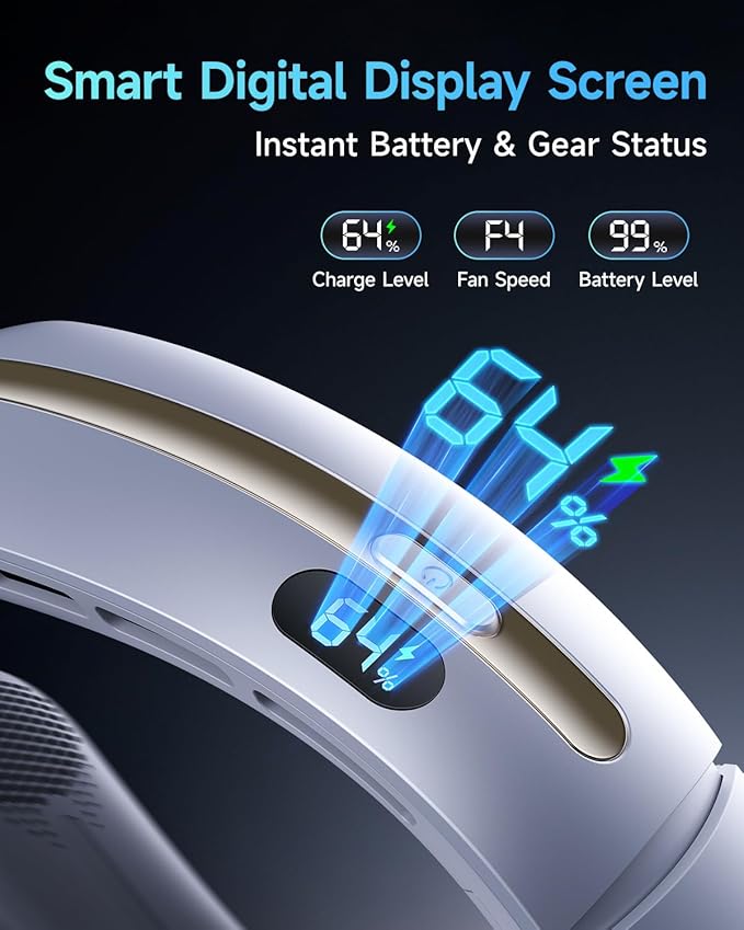 SWEETFULL Neck Fan, 3 Turbo Portable Fans with Neck Support, 4 Speed & LED Display, 5200mAh Rechargeable Personal Fan, Hand-Free Wearable Bladeless Cooler, Gift for Travel Birthday, Men, Women (White)