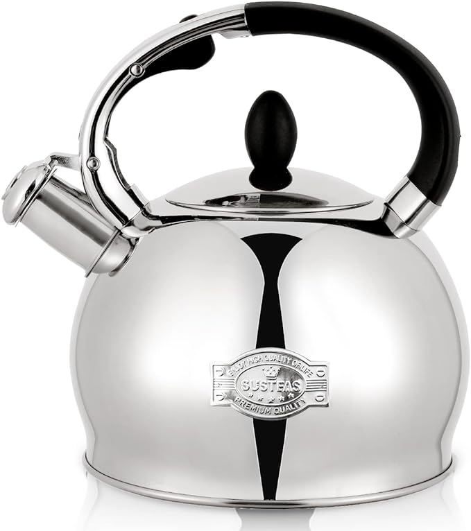 SUSTEAS Stove Top Whistling Tea Kettle - Food Grade Stainless Steel Teakettle Teapot with Cool Touch Ergonomic Handle, With 1 Silicone Pinch Mitt Included,2.64 Quart(SILVER)