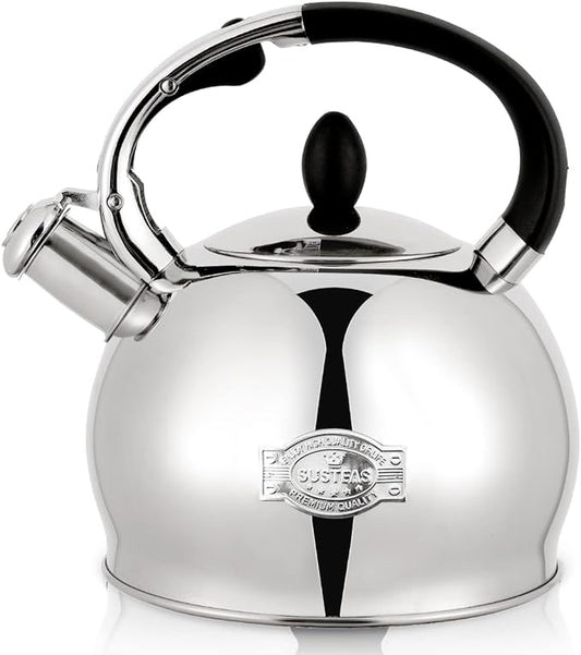 SUSTEAS Stove Top Whistling Tea Kettle - Food Grade Stainless Steel Teakettle Teapot with Cool Touch Ergonomic Handle, With 1 Silicone Pinch Mitt Included,2.64 Quart(SILVER)