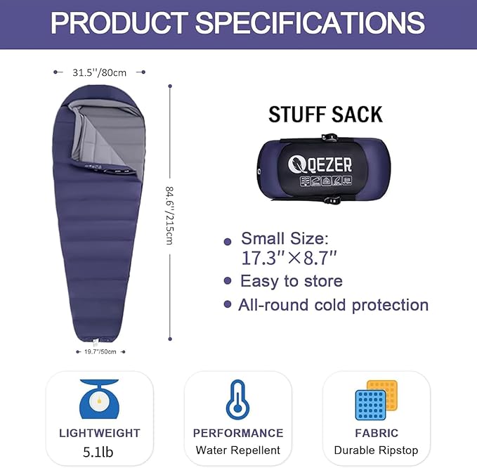 Down Sleeping Bag for Adults 0°F 10°F 15°F 20°F Backpacking Sleeping Bag for Cold Weather with Compression Sack