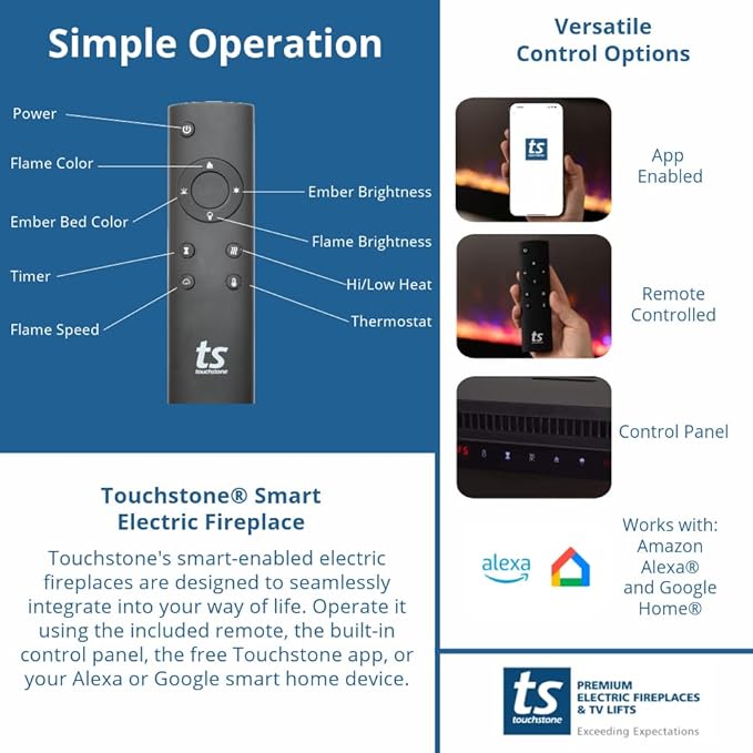 Touchstone Smart Electric Fireplace-The Fury 57" Wide- 4.5" Thin in Wall Recessed-100 Realistic Flame/Ember Bed Color Combos-1,500W Heater-Larger Viewing Area-Alexa/WiFi Enabled