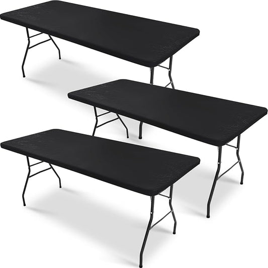 3 Pcs Plastic Picnic Table Cover Checkered Tablecloth Fitted Rectangular Table Cloth 30 x 72 Inch Vinyl Waterproof Flannel Backed with Elastic Rim for Indoor Outdoor Picnic Party(Black)