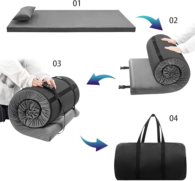 Sleeping Pad,3-inch Thick Memory Foam Camping Mattress,Portable Roll-Up Mat for Car/Tent/Floor/Cot/Travel,Comfortable Pad for Guests Sleepover