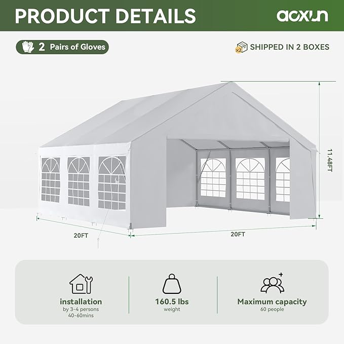 Aoxun 20x20 Party Tent Canopy for Weddings Waterproof Event Tent with Removable Sidewalls &Roll-up Door, Heavy-Duty Steel Frame for Outdoor Weddings, BBQ, Birthday Parties, & Camping,White