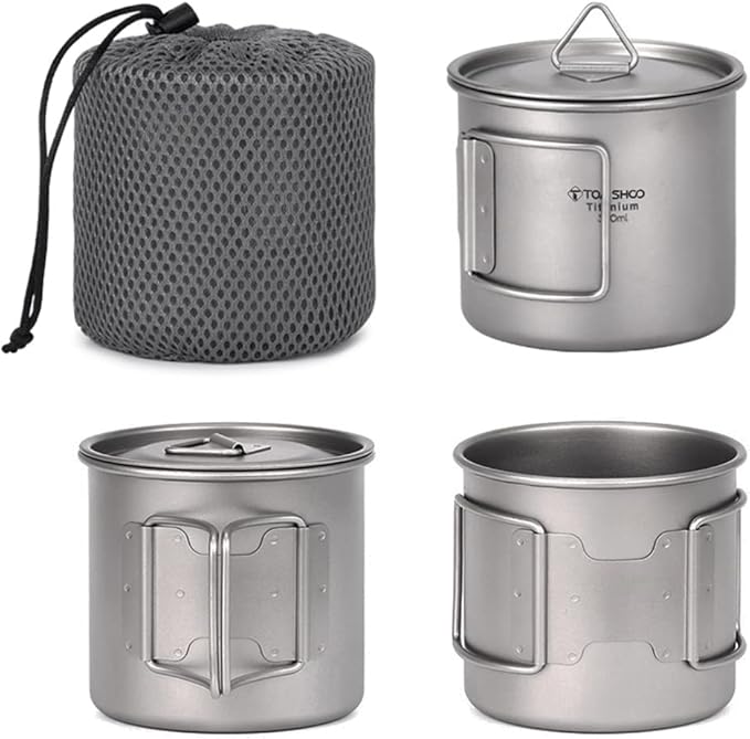TOMSHOO Titanium Mug 650ml/22 oz Camping Pot with Lid - Foldable Handle Coffee Cup for Hiking, Travelling, Backpacking, Open Fire