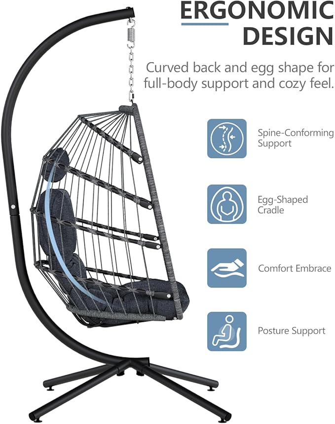 SWITTE Egg Chair Outdoor with Stand, Indoor Wicker Hanging Egg Swing Chair with Cushion, 350lbs Capacity for Patio, Bedroom, Garden - Dark Grey