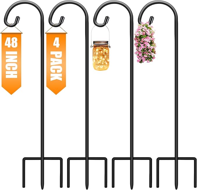 Gtongoko 48 Inch Shepherds Hooks for Outdoor 4 Pack Garden Hooks for Hanging Plants, Lanterns, Bird Feeders, Solar Lights, Mason Jars, Weddings Decor, Adjustable, Matte Black