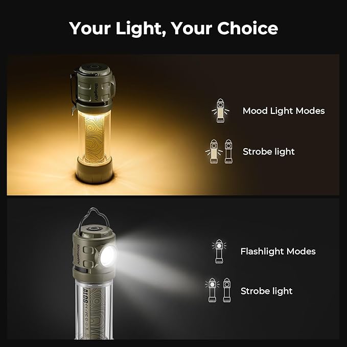 BougeRV AL06 Camping Light, Ambient Light, Flashlight, Rechargeable Camping Lantern, Electric Lamp, IPX4 Waterproof, Portable Light for Camping, Hiking, Power Outage, Adventure, Emergency Use Outdoor