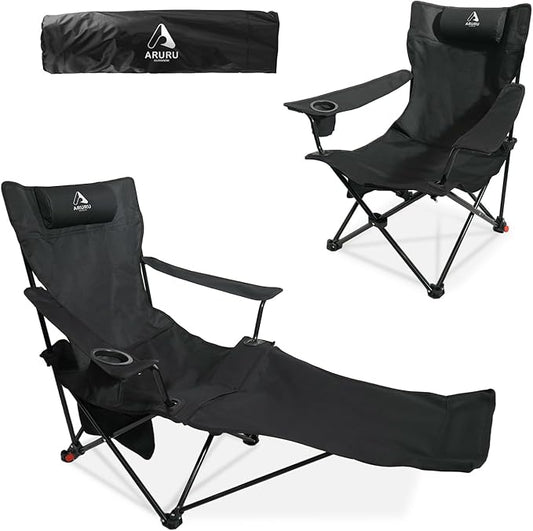 2-in-1 Reclining Camping Chair, Portable Folding Beach Lounge Chair with Footrest & Adjustable Backrest, Comfortable Lawn Chair for Adults Heavy Duty with Cup Holder for Outdoor Poolside Sports