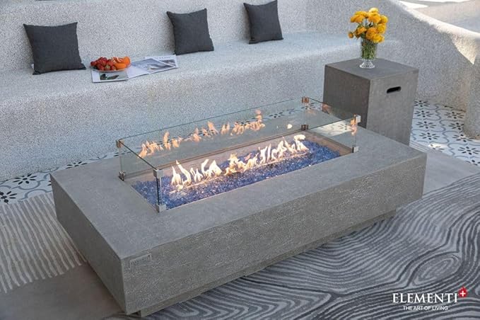 Elementi+ | Bundle Riviera Gas Fire Pit Cast Concrete 60" Rectangular Fire Table, Outdoor Fire Pit Electronic Ignition | Canvas Cover, Fire Glass and Burner Lid Included | Light Gray | Natural Gas