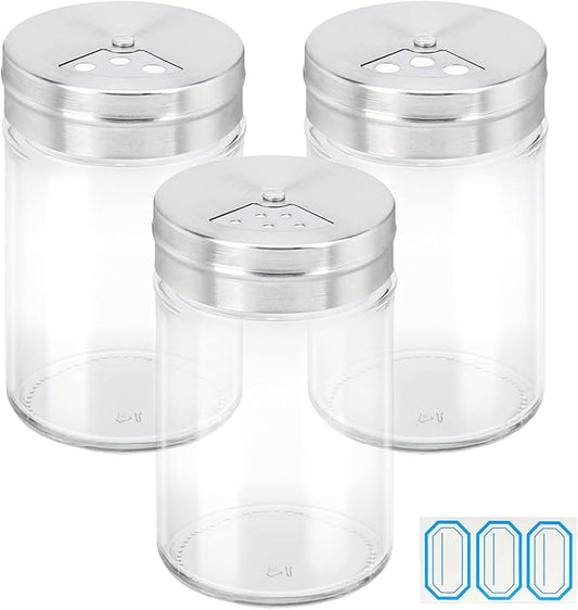 Segarty Spice Jars, 3 Pack 3 oz Spice Bottles with Shaker Lids, Glass Empty Seasoning Containers with Adjustable Pour Holes for Kitchen Spice Storage Stainless Steel Flow Top Salt and Pepper Shakers
