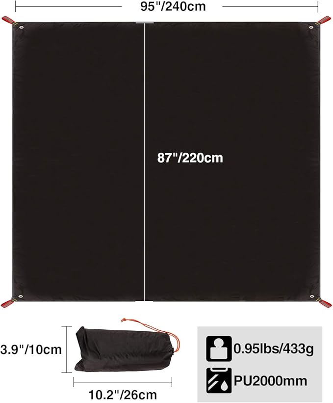 REDCAMP Ultralight Tent Footprint, PU 2000 Waterproof Camping Tent Tarp with Drawstring Carrying Bag for Ground Camping Hiking (95"x87" UL Black)