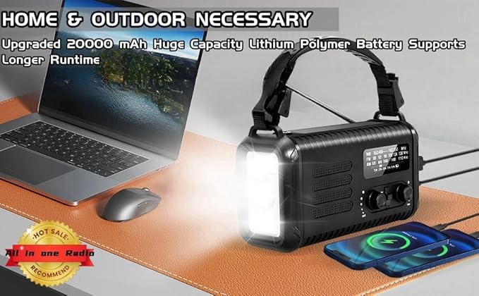 Emergency Weather Radio, 20000mAh Solar Radio, Hand Crank Radio with AM/FM/NOAA, Portable Radios with Flashlight & Reading Lamp, Earphone Jack, SOS Alarm, Phone Charger for Indoor Outdoor Emergencies