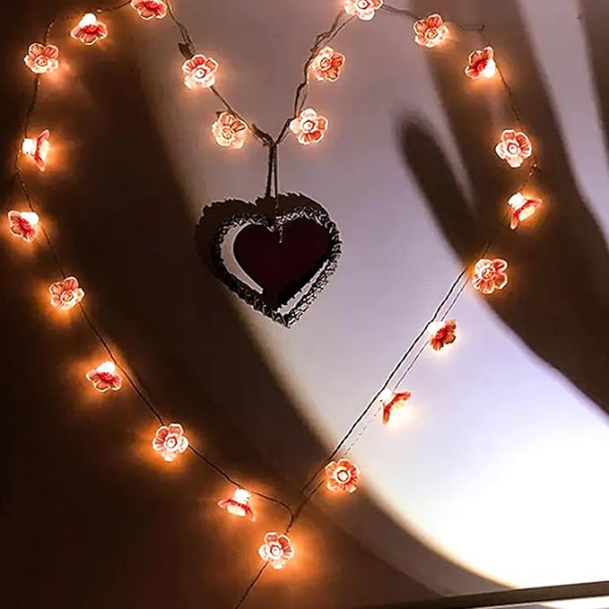 Pink Fairy Cherry Blossom Flower String Lights for Bedroom, USB Plug in and Battery Operated 13ft 40 LED Cute Indoor Outdoor Hanging Decorations for Birthday Wedding Party Christmas Easter