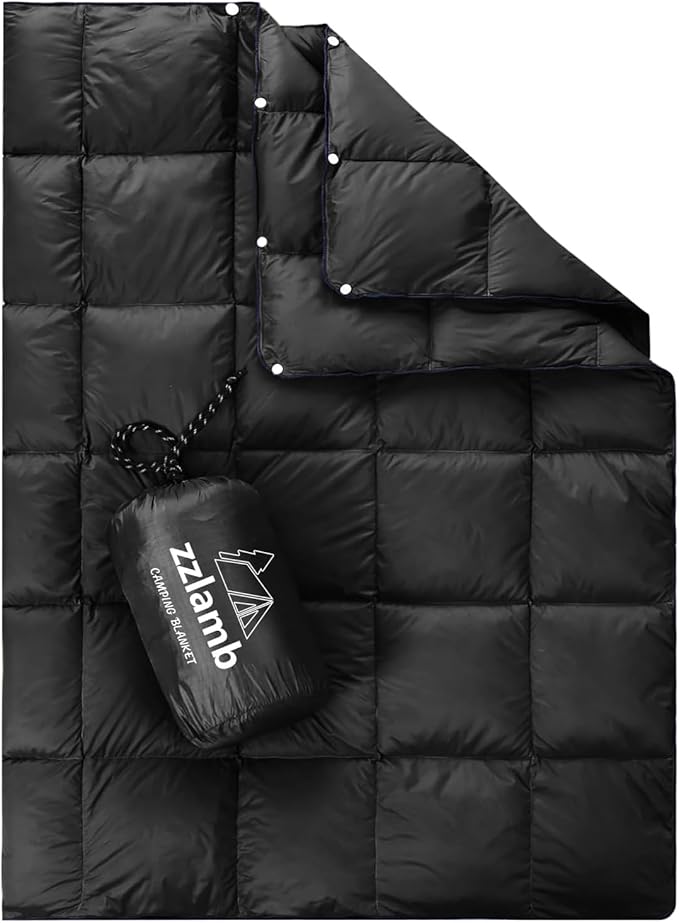 zzlamb Puffy Down Camping Blanket Water-Repellent, Down Throw Travel Blanket Portable for Outdoor, Light Warm Quilt for Couch Plane Car Theater Stadium Picnic RV Backpacking Hammock
