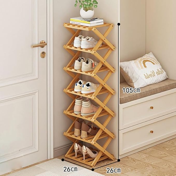 YYW Bamboo Shoe Rack for Entryway,Installation-Free and Foldable Vertical Shoe Storage Organizer,Free Standing Shoe Racks Shelf Closet Shoe Organizer for Living Room (Nature-7 Layers)