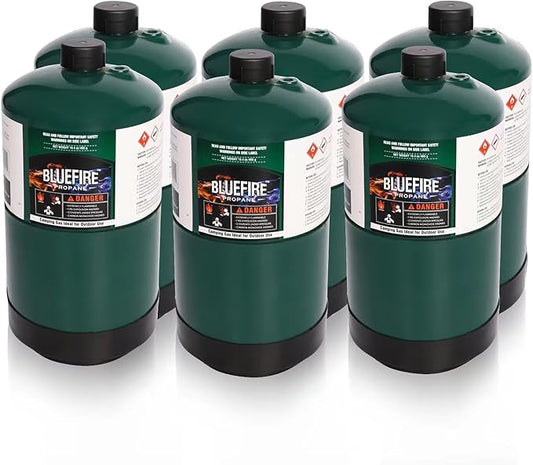 BLUEFIRE 16.4 oz Propane Replacement Fuel Camping Gas Cylinder Pack of 6 All Purpose Portable Canister Propane Gas Tank for Camping Stove Outdoor Backpack Mini Burner Heater Cooking Torch Lamp