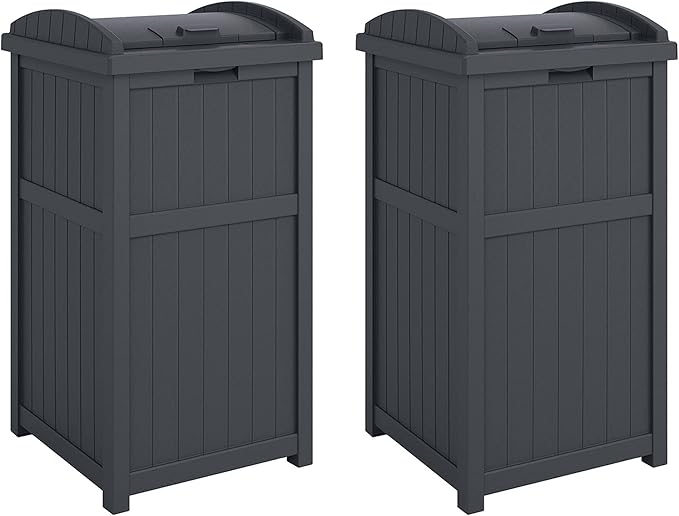 Suncast 2 Pack Trash Hideaway Refuse Container, Stylish Resin Outdoor Garbage Bin with Latching Lid, 30 to 33 Gallon Capacity, Cyberspace