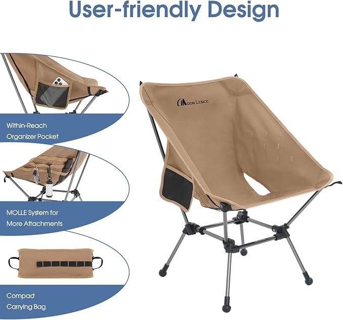 MOON LENCE Camping Chair Plus, Upgraded Comfort & Size, Still Compact and Lightweight, Folding Portable Chair for Backpacking & Hiking, 400Lbs Capacity, Gen 3 Plus (Khaki 2 Pack (Plus))