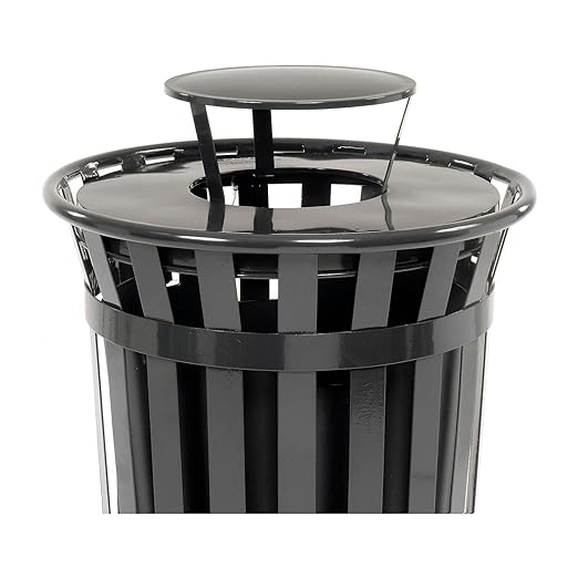 Global Industrial Heavy-Duty 36 Gallon Capacity Outdoor Metal Slatted Trash Receptacle with Rain Bonnet Lid & Plastic Liner, Black, Commercial & Industrial Trash Can