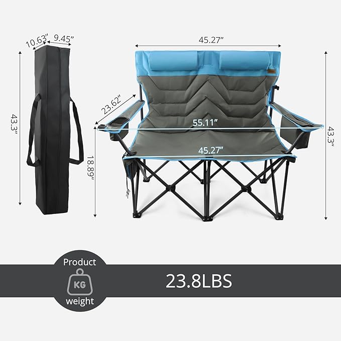 Folding Camping Chair - Oversize Camping Chairs for Adults, 2 Seat Folding Chair Support 650lbs with Pillows & Cup Holders & Cooler Bags- Heavy Duty Chair for Sports Garden Beach Fishing(Bluegray)