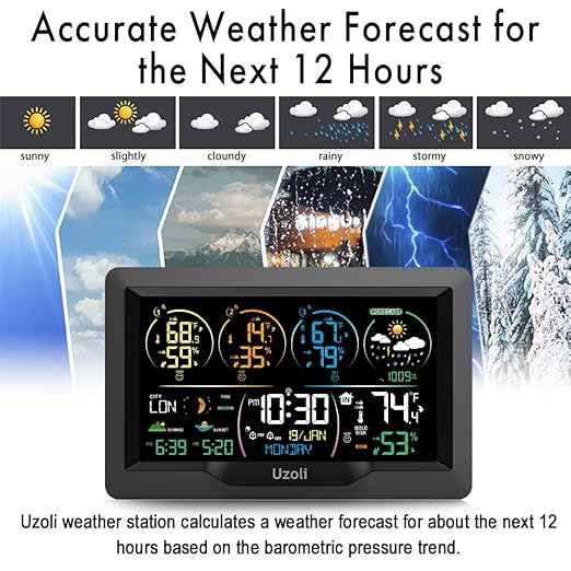 Uzoli EM3390 7.5" Weather Station, Weather Station Wireless Indoor Outdoor Thermometer, Digital Weather Stations 3 Sensors with Atomic Clock, Barometer, Moon Phase, Large Screen Monitor for Home Use