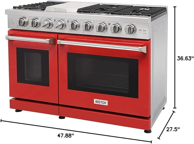 48 inch Pro-Style Natural Gas Range or Liquid Propane Gas Range with 6 Burners & 1 Griddle Cooktop, Double 4.6 cu. ft. and 2.2 cu. ft. Oven, in Stainless Steel - KOS-48RG03M (Red)