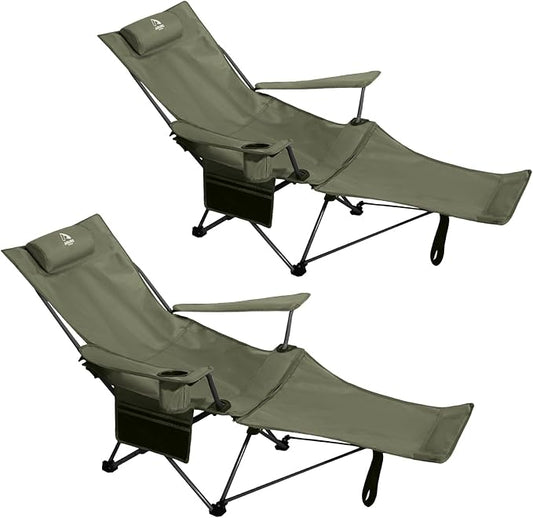 2-in-1 Reclining Camping Chair, Portable Folding Beach Lounge Chair with Footrest & Adjustable Backrest, Comfortable Lawn Chair for Adults Heavy Duty with Cup Holder for Outdoor Poolside Sports