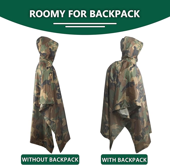 GRVCN Military Rain Poncho, Camouflage Raincoat Outdoor Waterproof Lightweight