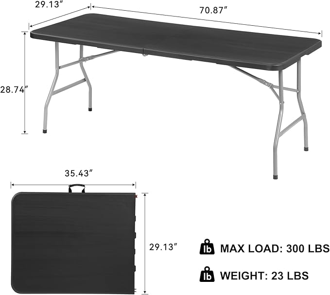 6ft Heavy Duty Portable Folding Table - Plastic Dining Table Indoor/Outdoor Black Plastic Table for Parties, BBQs, and Camping