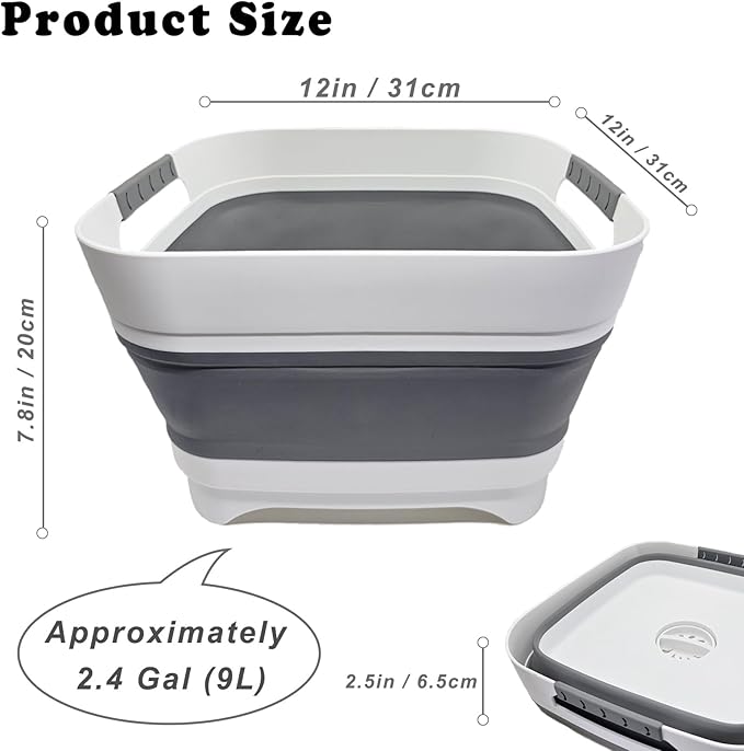 2.4 Gal (9L) Collapsible Dish Basin with 2 Drainage Plugs - Foldable Sink for Kitchen, Camping, RV | Space-Saving Multifunctional Wash Basin for Veggies, Dishes