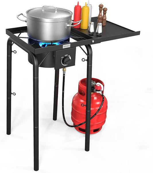 ROVSUN Single Burner Gas Stove with Side Shelf, 100,000BTU Portable Propane Stove with Removable Leg & Regulator for Camping Home Backyard Outdoor Cooking Brewing Canning Turkey Frying