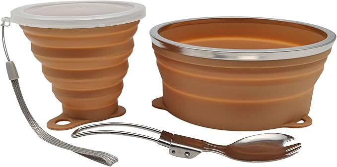 Mess Kit for Camping Silicone Collapsible Bowl Collapsible Cup and Stainless Steel Spoon for Backpacking Outdoor Hiking Traveling and Picnic