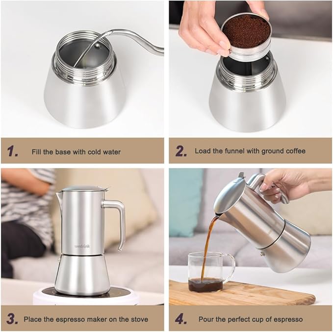 wedrink Stovetop Espresso Coffee Maker 6 Cups Stainless Steel Moka Pot for Greca, Induction, Electric & Gas Stoves(10 OZ/300ml)