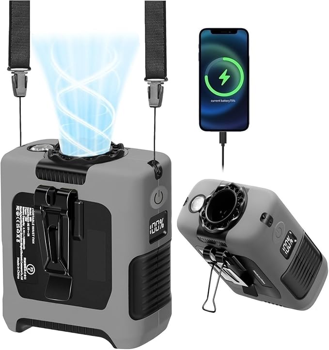 Portable Fan Wearable Personal Fan with 5 Speed Max 55 Working Hours Low Noise Portable Neck Fans Cooling Waist Fans for Camping Traveling LED Power Display 10000mAh Rechargeable (Gray)