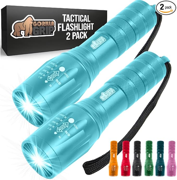 GORILLA GRIP Powerful LED Tactical Flashlight, 750 FT High Lumens 5 Adjustable Modes, Water Resistant, Ultra Bright Flashlights, Small Mini Flash Light, Camping, Night Dog Walking, 2 Pack Turquoise