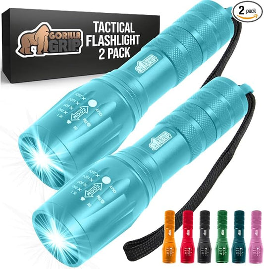 GORILLA GRIP Powerful LED Tactical Flashlight, 750 FT High Lumens 5 Adjustable Modes, Water Resistant, Ultra Bright Flashlights, Small Mini Flash Light, Camping, Night Dog Walking, 2 Pack Turquoise