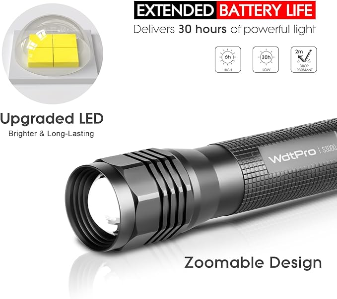 WdtPro High-Powered LED Flashlight S3000, Super Bright Flashlights - High Lumen, IP67 Water Resistant, 3 Modes and Zoomable for Camping, Emergency, Hiking, Gift